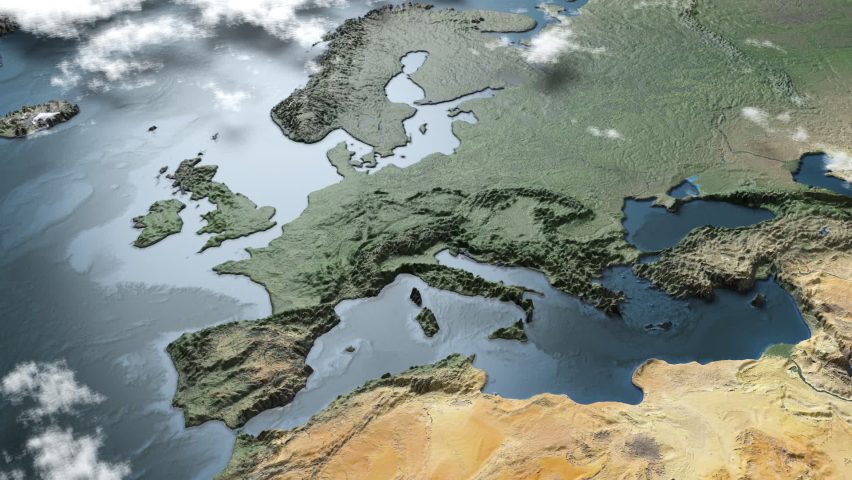 3D map animation of Europe with clouds: 3D planet earth,Geology, Focusing on Europe, United Kingdom, London, Ireland, Germany, Poland Ukraine, Italy, Portugal, Spain, EU Royalty-Free Stock Footage #1093802899
