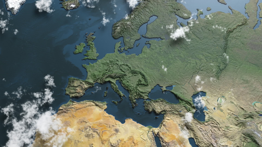3D map animation of Europe with clouds: 3D planet earth,Geology, Focusing on Europe, United Kingdom, London, Ireland, Germany, Poland Ukraine, Italy, Portugal, Spain, EU Royalty-Free Stock Footage #1093802901