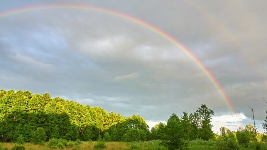 Beautiful double rainbow over edge of forest in evening.