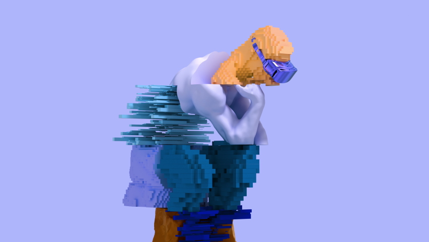 3d glitch of sculpture thinker. Seamless looped. NFT concept. 3D animation. 4K. Ultra high definition. 3840x2160.