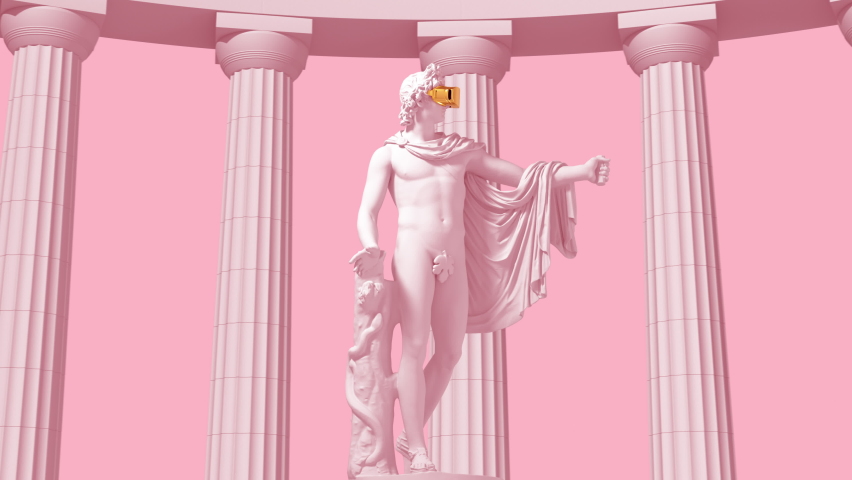 Digital disintegration of sculpture Apollo on pink background. 4K. 3840x2160. 3D animation.