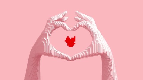Transformation of a 3D pixel into a digital heart from hands. Seamless looped. NFT concept. 3D animation. 4k. 庫存影片