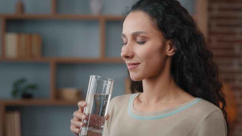 Healthy happy 30s Caucasian Hispanic woman with long hair perfect skin drinking still water at home has good habit holding glass drinking clean mineral natural h2o beverage feeling good freshness Royalty-Free Stock Footage #1093813781