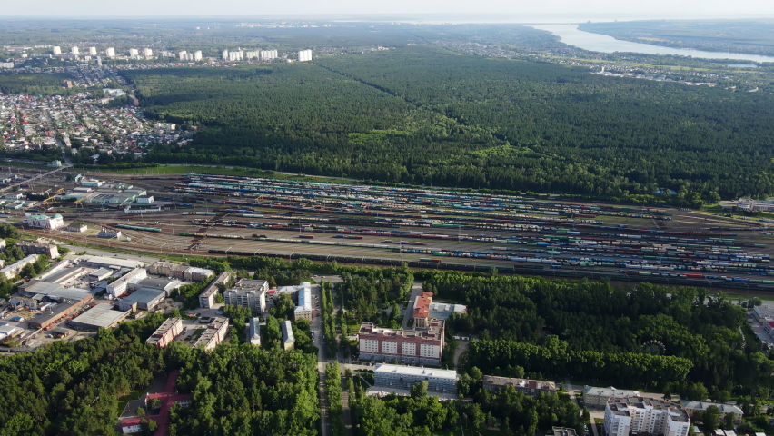 Railway depot from the air. Summer landscape of a large depot.
