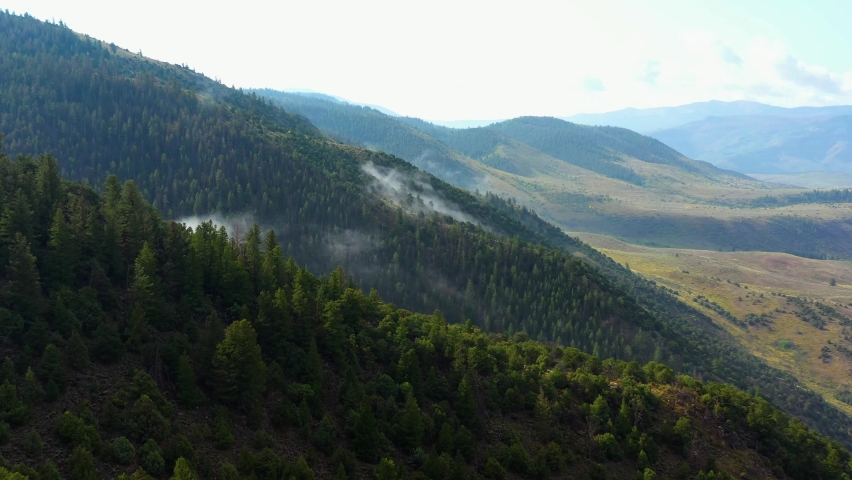 Aerial view flying along mountainside forest with small clouds, in sunny Colorado, USA