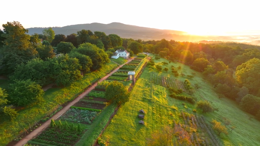 Gardens at Monticello estate, home of Thomas Jefferson. Aerial at summer sunrise.