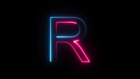 Bright neon glowing light blue pink letter R. Seamless looping animation on black background
