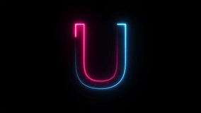 Bright neon glowing light blue pink letter U. Seamless looping animation on black background