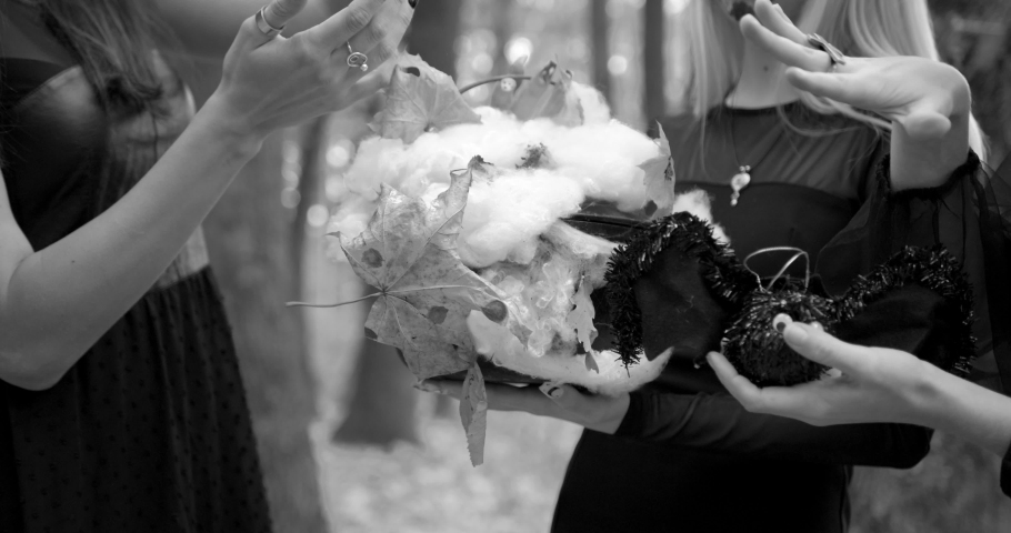 Girls in witch costumes doing magic in the autumn park
