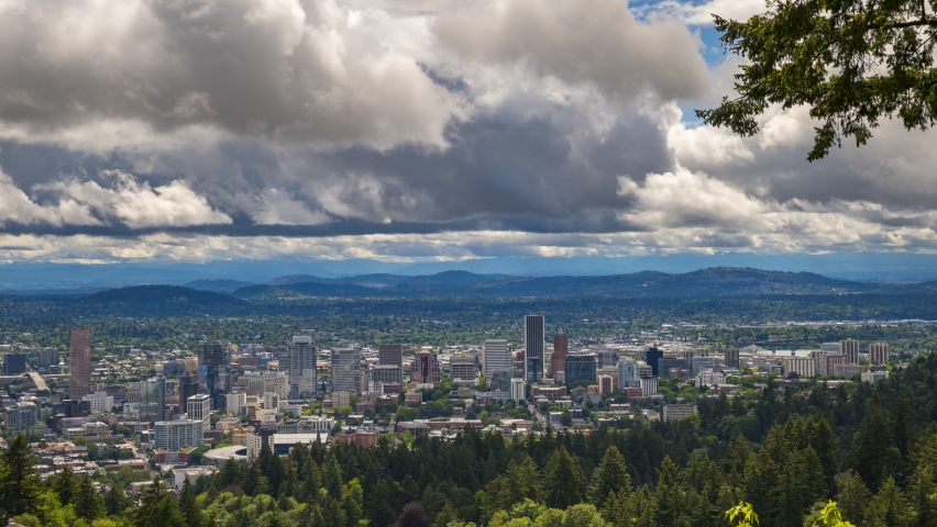 Timelapse of heavy clouds moving over Portland, Oregon captured from Pittock Mansion. 4K UHD video. Royalty-Free Stock Footage #1093832169