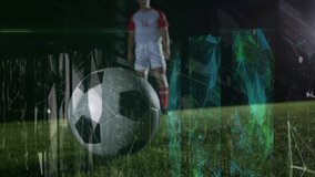 Animation of data processing over football player. Global sports technology digital interface and connections concept digitally generated video.
