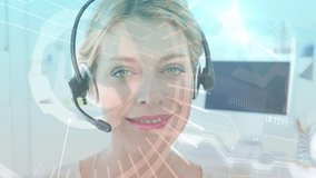 Animation of data processing over caucasian businesswoman using phone headset. Global business, computing and digital interface concept digitally generated video.