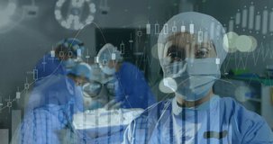 Animation of data processing over surgeons in operating theatre. Global covid pandemic and healthcare services concept digitally generated video.