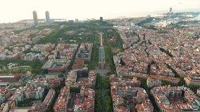 Aerial view of Barcelona Urban Skyline and The Arc de Triomf or Arco de Triunfo in spanish, a triumphal arch in the city of Barcelona