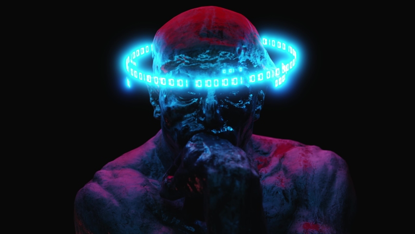 Face of the thinker sculpture with binary code rotating around head. Futuristic 3D statue animation on dark background. Greek monument in modern art style. Crypto Art Royalty-Free Stock Footage #1093845143