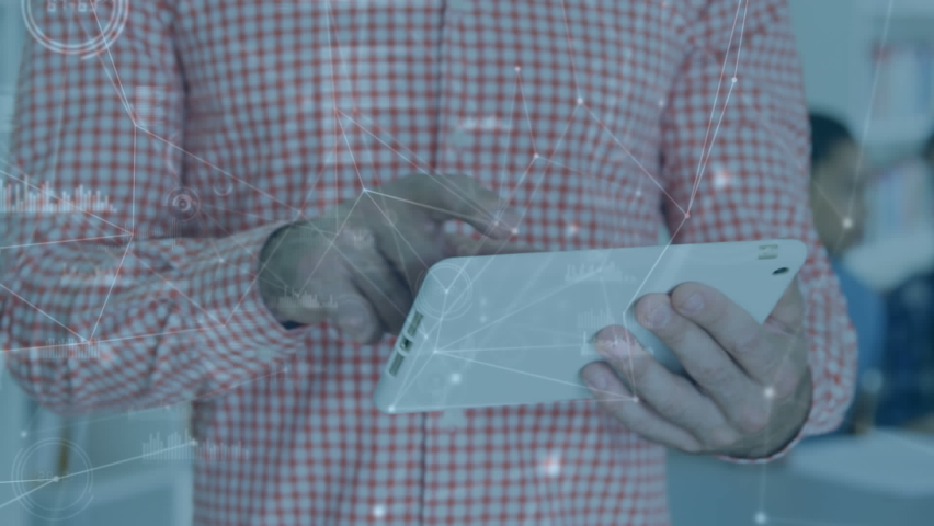 Animation of data processing over group of students using computers. Back to school and education concept.