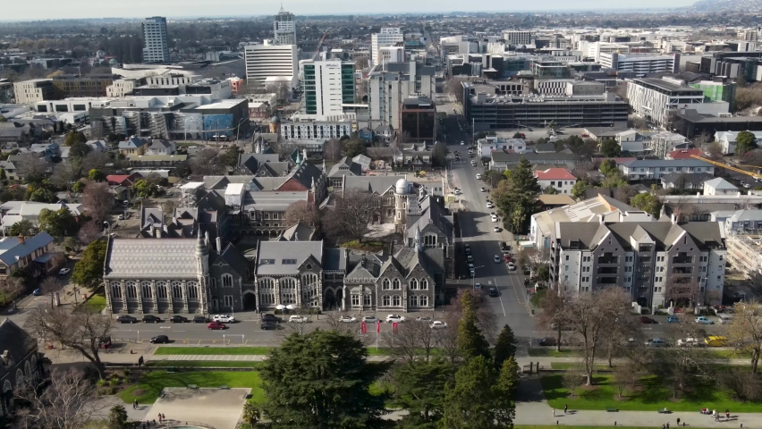 Christchurch, New Zealand aerial cityscape. Amazing view of iconic city buildings and old town.