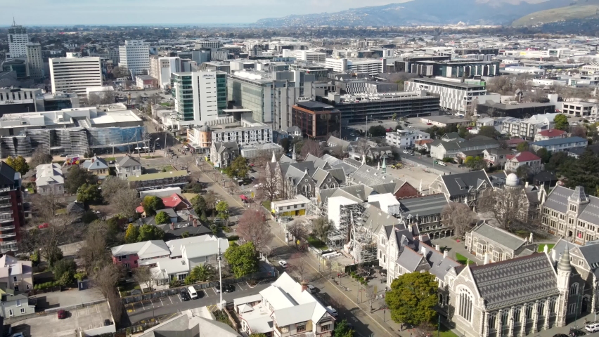 Old town of Christchurch city, New Zealand. Aerial view of historic and modern buildings.