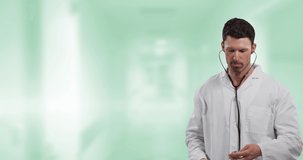 Animation of caucasian male doctor holding stethoscope over blurred background. Global medicine, science and digital interface concept digitally generated video.