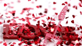 Animation of mascara icon over love text and hearts falling. Abstract background and digital interface concept digitally generated video. - Powered by Shutterstock - Get 15% off with code: PIKWIZARD15