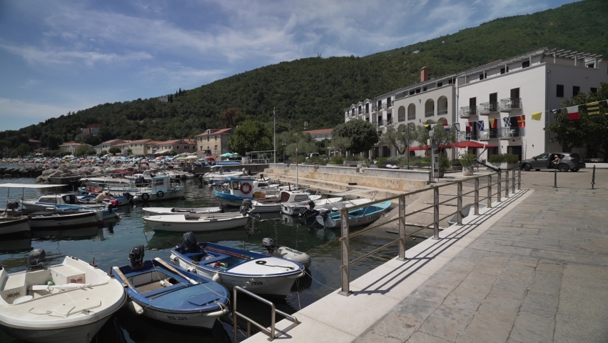 Boats in the harbour and Adriatic Sea, Moscenicka Draga, Kvarner Bay, Croatia, Europe