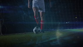 Animation of network of connections over low section of male soccer player playing soccer. Sports and technology concept