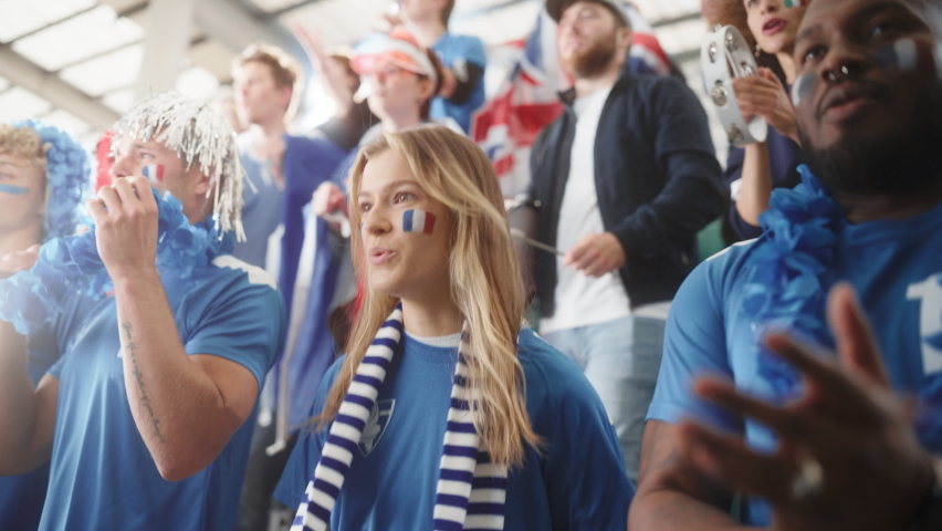 Sport Stadium Soccer Match: Portrait of Beautiful Caucasian Fan Girl with French Flag Painted Face Cheering For Her Team to Win. Crowd of Fans Shout, Celebrate Scoring a Goal, Championship Victory Royalty-Free Stock Footage #1093867073