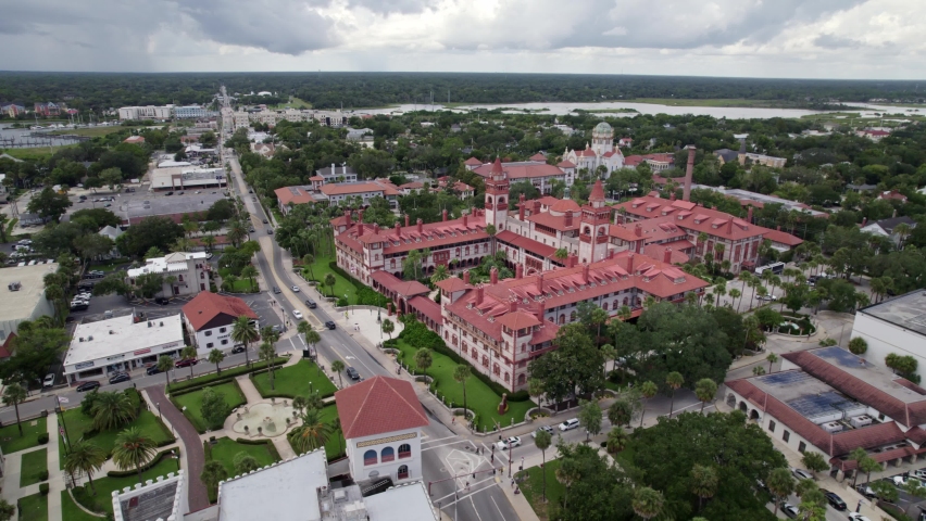 Orbiting Drone shot of the historic city of St. Augustine, Flagler College.