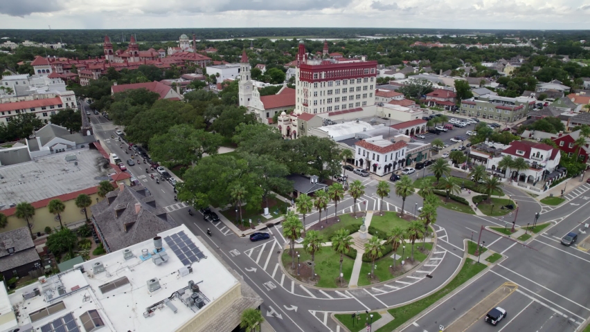 Drone shot of the historic city of St. Augustine, flying near the Cathedral Basilica. Near Ponce De Leon Circle statue and park.