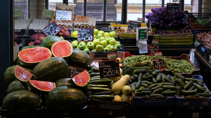 Fruits and vegetables stall in The Great Market Hall in Budapest, Hungary