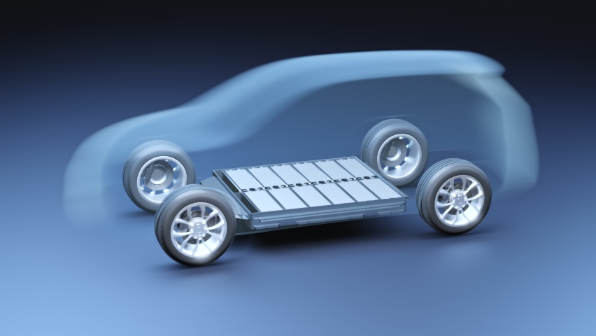 Transparent view inside electric vehicle with lithium ion battery module, x-ray SUV car energy storage system design with Li-Ion rechargeable cell pack housing, 3D rendering transportation technology | Shutterstock HD Video #1093876527