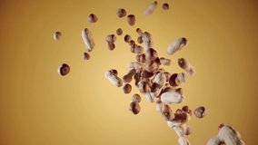 Explosion of dried unpeeled peanuts and kernel hazelnuts on yellow studio background. Nut seed splash and scattering close up. Ingredient for making desserts. Peanuts in shell and hazelnut. Slow - Powered by Shutterstock - Get 15% off with code: PIKWIZARD15