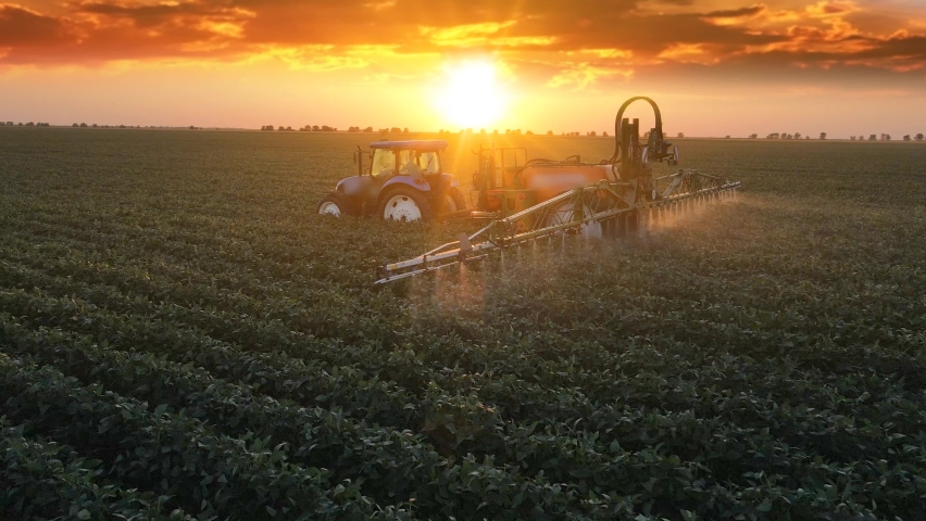 Aerial view of crop sprayer spraying pesticide on a soybean field at sunset, Drone shot flying over agricultural soybean field, tractor and crop sprayer protection plants to increase crop yield | Shutterstock HD Video #1093880387