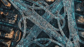 Digital Highway Overpass Signals Passing Through Ai Self Driving Vehicles Over Aerial Shot At Dusk 5g High Speed Financial Transactions High Tech Urban Area - Powered by Shutterstock - Get 15% off with code: PIKWIZARD15