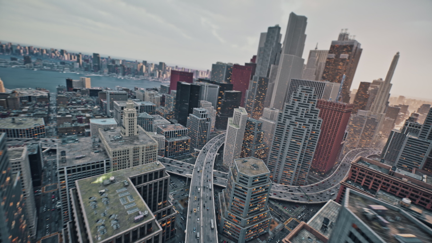 Fast Data Transfer Optical Rays Passing Through Busy Downtown Urban City FPV Aerial Shot At Dusk High Speed Communication Automation Financial District | Shutterstock HD Video #1093884231