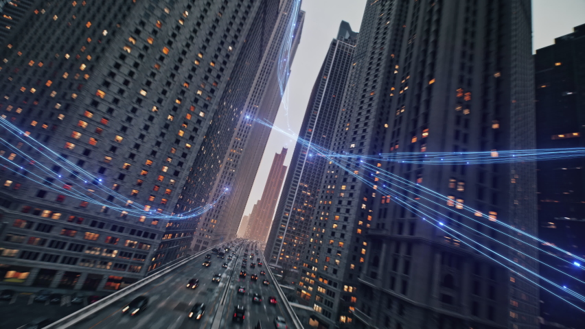 Fast Data Transfer Optical Rays Passing Through Busy Downtown Urban City FPV Aerial Shot At Dusk High Speed Communication Automation Financial District | Shutterstock HD Video #1093884231