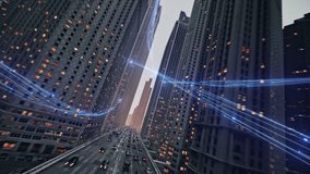 Fast Data Transfer Optical Rays Passing Through Busy Downtown Urban City FPV Aerial Shot At Dusk High Speed Communication Automation Financial District - Powered by Shutterstock - Get 15% off with code: PIKWIZARD15