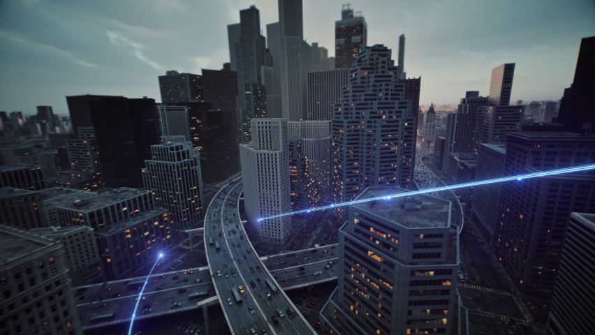 High Speed Internet Rays Passing Through Busy Downton Aerial Shot At Dusk 5g High Speed Financial Transactions High Tech Urban Area | Shutterstock HD Video #1093884247
