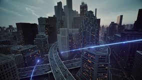 High Speed Internet Rays Passing Through Busy Downton Aerial Shot At Dusk 5g High Speed Financial Transactions High Tech Urban Area - Powered by Shutterstock - Get 15% off with code: PIKWIZARD15