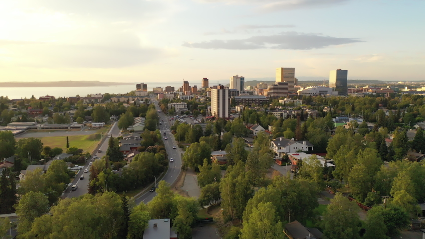 Aerial View of Anchorage, Alaska. City Skyline, cityscape, sunset, summer