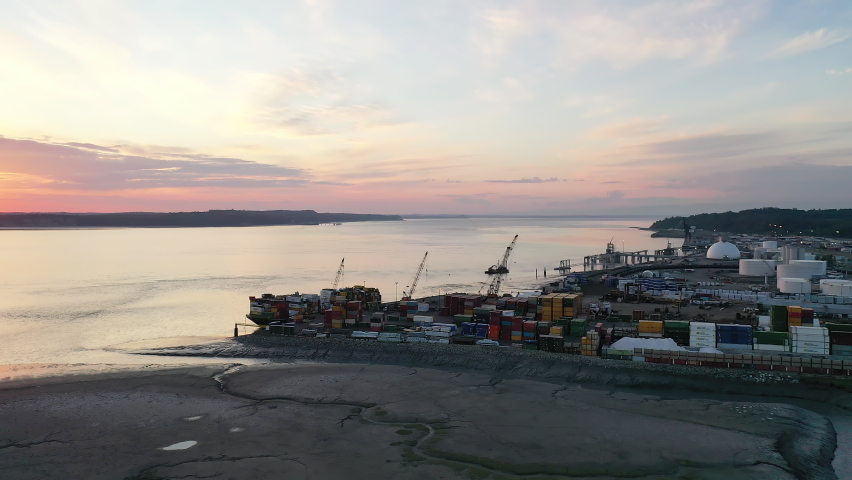 Aerial view of Port of Anchorage, Alaska at sunset