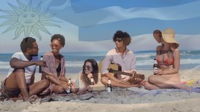 Composite video of waving argentina flag over group of diverse friends enjoying together at beach. Global tourism and travel concept