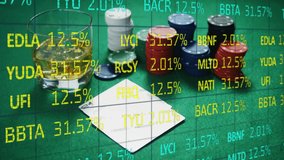 Animation of trading board over chips, poker cards, whiskey and us dollar bills on table. Digital composite, gambling, stock market, investment, alcohol, finance, money and gaming concept. - Powered by Shutterstock - Get 15% off with code: PIKWIZARD15