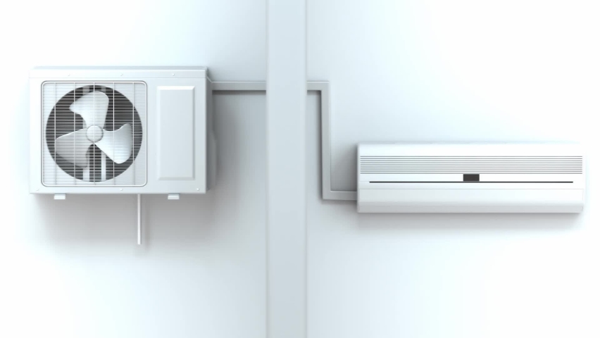 Air conditioning system representation in monochrome. Split air conditioner inside and outside units separated by a wall on white. Turning on and off. 3D render video. Royalty-Free Stock Footage #1093890429