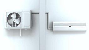 Air conditioning system representation in monochrome. Split air conditioner inside and outside units separated by a wall on white. Turning on and off. 3D render video.