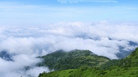 Video Sea of fog sky above white clouds beautiful view on the nature green mountain in the morning mist outdoor on  holiday.
