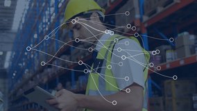 Animation of network of connections over caucasian male worker in warehouse. Global technology, shipping and digital interface concept digitally generated video. - Powered by Shutterstock - Get 15% off with code: PIKWIZARD15