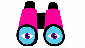 Animated pink binoculars with eyes. Blinks an eye. Looped video. Concept of searching, travel, spy. Vector illustration on white background.