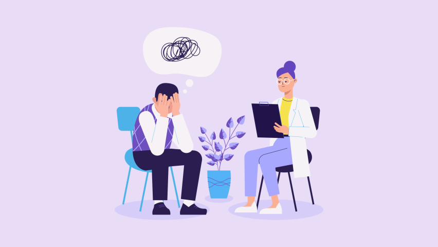 Psychotherapy session with depressed man animation. Mental health, depression. psychological help, psychiatrist consulting patient. Psychology. tangled mind, brain, thoughts. 2d flat cartoon style | Shutterstock HD Video #1093909479
