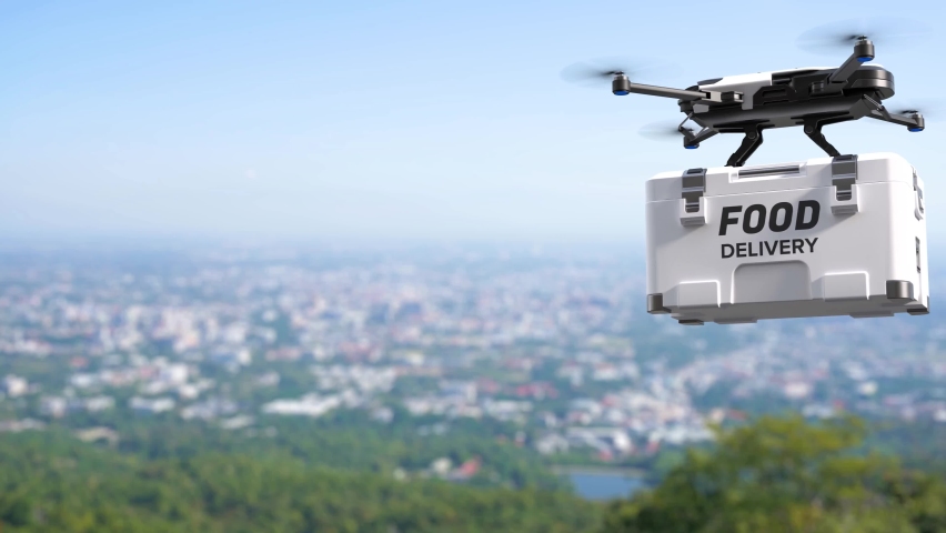 Food delivery drone, Autonomous delivery robot, Business air transportation concept. | Shutterstock HD Video #1093924419